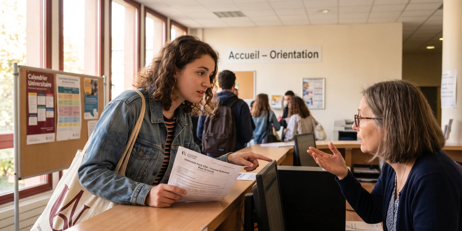 Pass études : un guide complet Une étudiante montre un document de licence à une employée au comptoir d'accueil et d'orientation